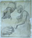 Studies: Right hand and arm, clutching broken chain, for Mercy; study of a man, nude to the waist and holding space and pole, for father of the Widow; right hand for same figure