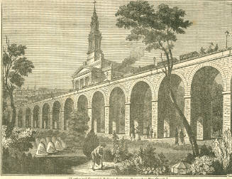 Illustration from a newspaper depicting the London and Greenwich Railway Viaduct 1835 with St James's Church