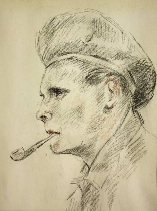 Portriat of a soldier smoking a pipe