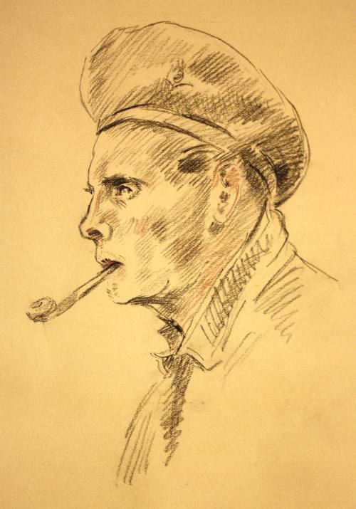 Portrait of a soldier smoking a pipe