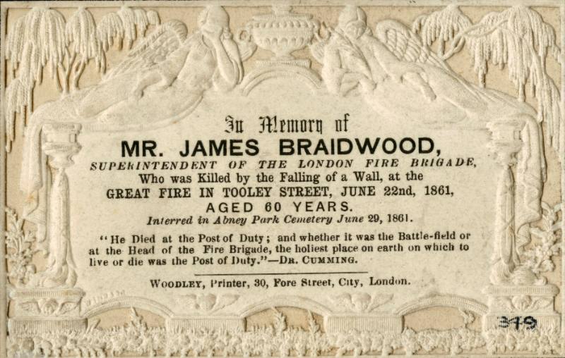 James Braidwood. Memorial Card, 1861