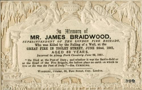 James Braidwood. Memorial Card, 1861