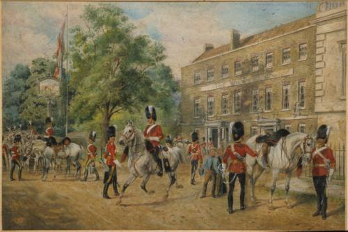 The Greyhound, Dulwich Village.Scotts Greys halting on the march in the early 1880s