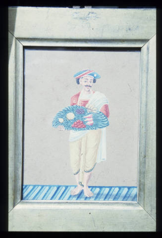 Indian miniature on glass: Man Servant with Dish of Fruit