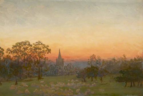Sunset in Orchard, with Sheep