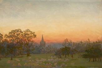 Sunset in Orchard, with Sheep
