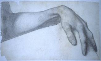 Study of left hand and arm with fingers spread over lap for Wisdom