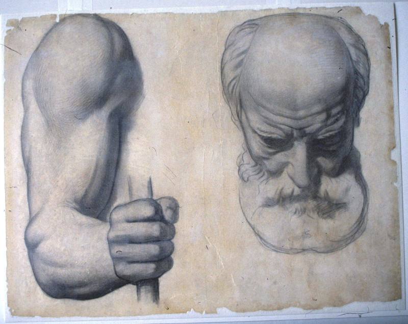 Studies: Right arm and hand clutching a staff for Wisdom; bearded head, probably for Erudition, but with a different beard.