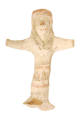 Terracotta figure of a male figure wearing a headdress with side flaps. Right hand  and left fo…