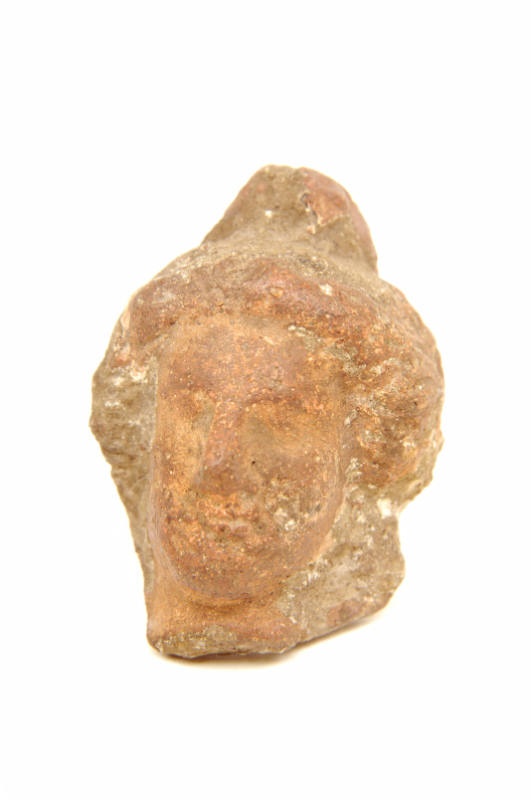 Moulded head of a female with elaborate hair style.
