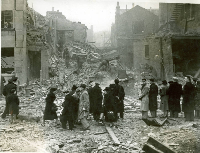 Photograph showing WWII bomb damage to the Jones and Higgins department Store on Rye Lane, Peck…