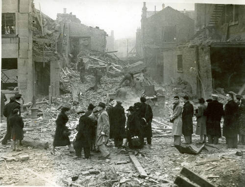 Photograph showing WWII bomb damage to the Jones and Higgins department Store on Rye Lane, Peck…