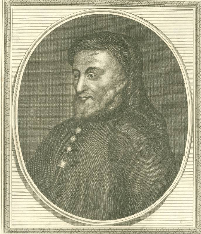 Engraving of a protrait depicting the writer Geoffrey Chaucer.