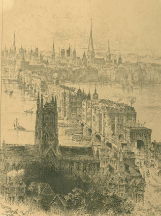Engraving depicting London Bridge in 1560.
