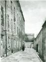 Black and white photograph of a watercolour depicting part of the courtyard and wall of the Mar…