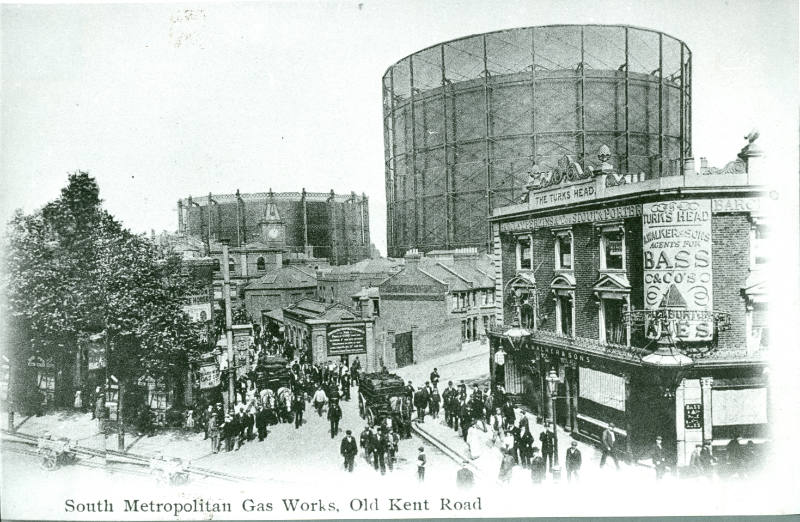 Black and white photograph of the South Metropolitan Gas Works, Old Kent Road. 