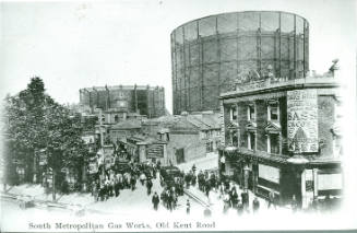 Black and white photograph of the South Metropolitan Gas Works, Old Kent Road. 