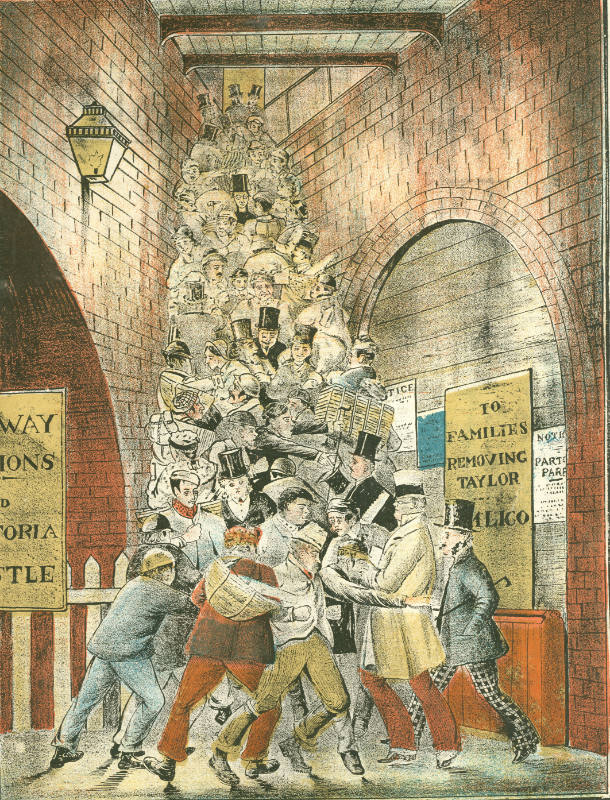 Colour illustration or cartoon depicting the "Walworth Shoot". the steep staircase full of peop…