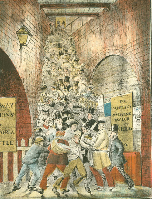Colour illustration or cartoon depicting the "Walworth Shoot". the steep staircase full of peop…