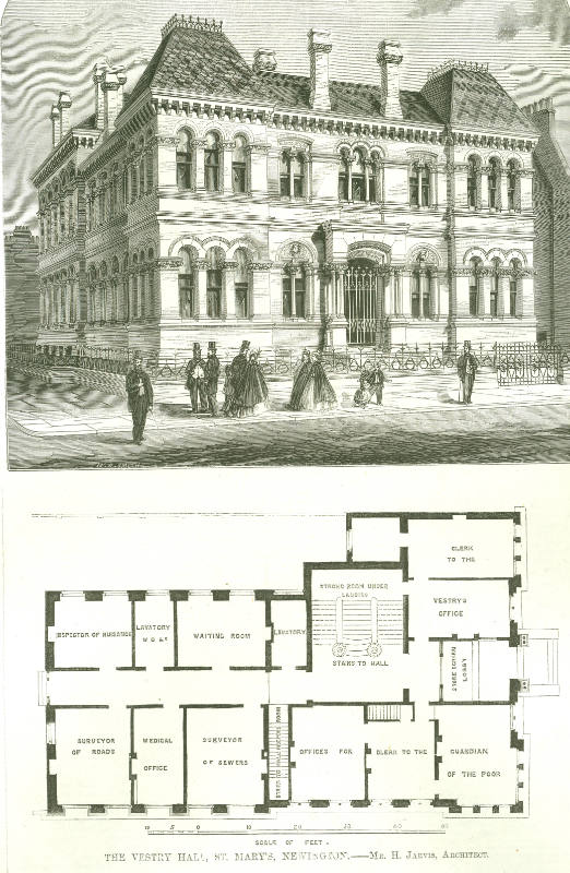 Illustration of the newly built Southwark Town Hall and floor plan. Published in the "Builder M…