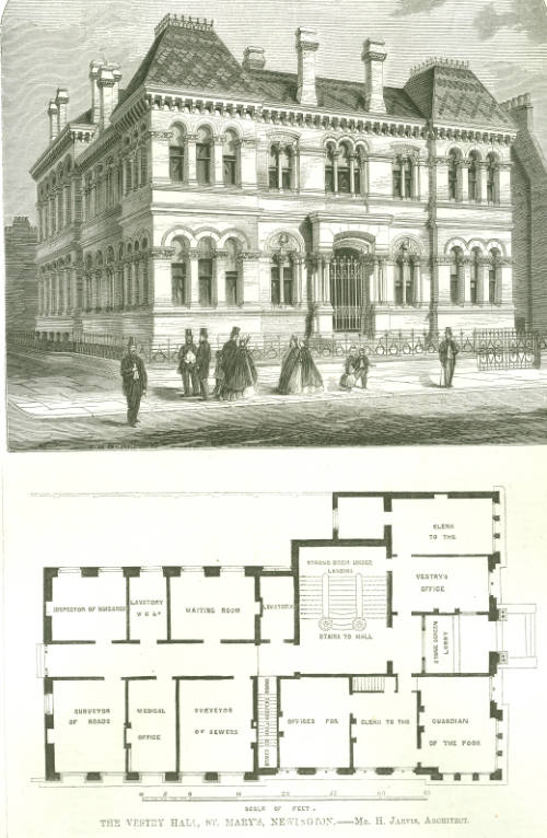 Illustration of the newly built Southwark Town Hall and floor plan. Published in the "Builder M…