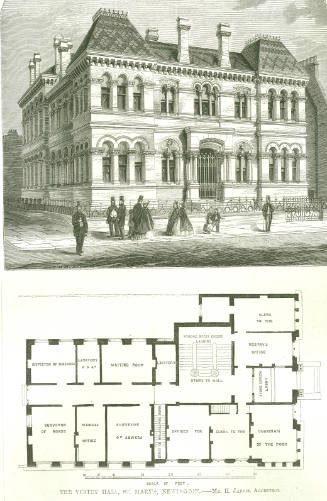 Illustration of the newly built Southwark Town Hall and floor plan. Published in the "Builder M…