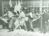 Neckinger Leather Mills 1862.Black and white photograph depicting workers staking and paring wh…