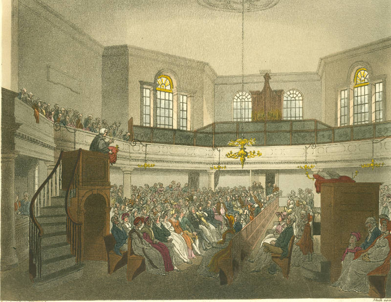 Coloured engraving of the Interior of the Chapel of the Magdalen Hospital for "fallen women" in…