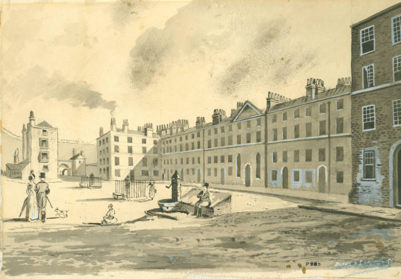 Watercolour of the King's Bench Prision around 1812. The painting depicts the interior courtyar…