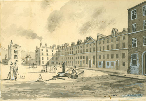 Watercolour of the King's Bench Prision around 1812. The painting depicts the interior courtyar…