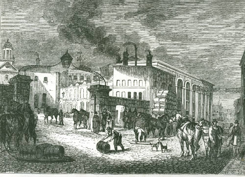 Photograph of an engraving entitled "A Day at a London Brewery", depicting the Barclay and Perk…