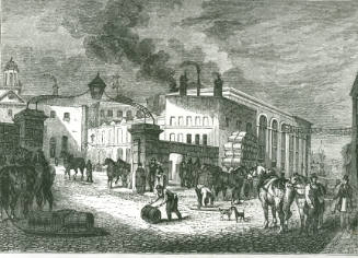 Photograph of an engraving entitled "A Day at a London Brewery", depicting the Barclay and Perk…