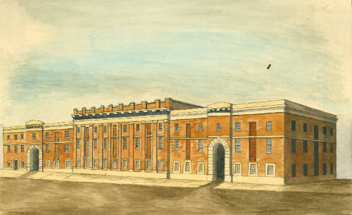 Watercolour depicting the Leather Market Building in Bermondsey around 1870.