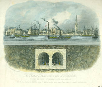 Coloured print decipting a cross section of the two Thames Tunnel at Rotherhite. The print show…