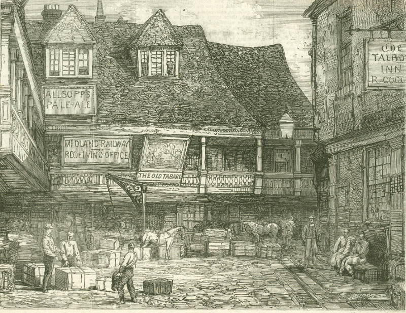 Print depicting the courtyard of the Tabard Inn off the Borough High Street.