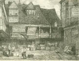 Print depicting the courtyard of the Tabard Inn off the Borough High Street.