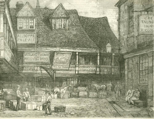 Print depicting the courtyard of the Tabard Inn off the Borough High Street.